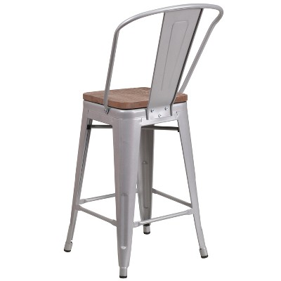 Silver Metal Counter Stool with Curved Slatted Back and Textured Wood Seat