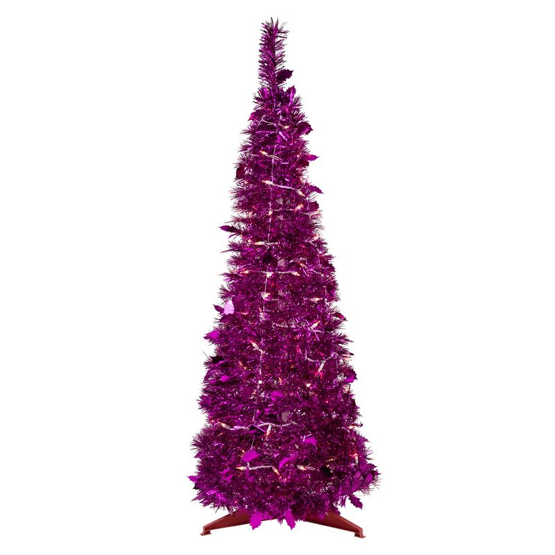 Northlight 4' Pre-Lit Pink Tinsel Pop-Up Artificial Christmas Tree, Clear Lights, 1 of 9