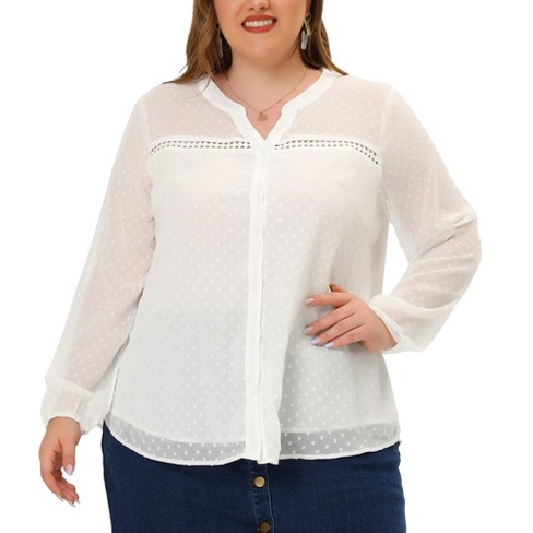 Agnes Orinda Women s Plus Size Swiss Dots V Neck Hollow Sheer Sleeves Blouses White 3X