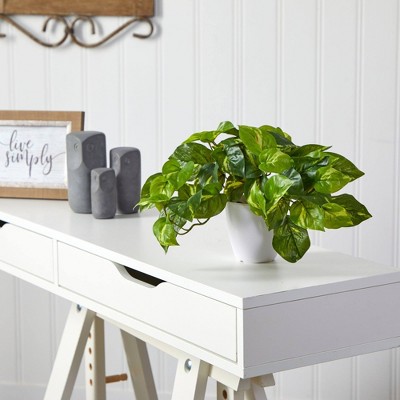 Nearly Natural 9" Pothos Artificial Plant in White Planter