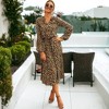 Anna-Kaci Women's Leopard Long Lantern Sleeves Drawstring Tie Waist Fashion Midi Dress - 2 of 4