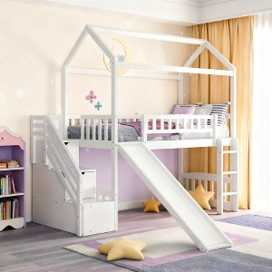 Luxystar Kids Playhouse Loft Bed with Slide and Storage Drawers, Twin Size Low Height Wooden Bed for Children - 1 of 4
