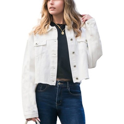 Anna-Kaci Women's Denim Jacket Cropped Raw Hem Casual Button Down Jean Jacket with Pockets