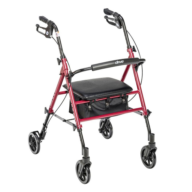 Drive Medical Adjustable Height Aluminum Frame Transport Rollator with 6 Inch Caster Wheels for Home, Hospital, or Nursing Facility, Red, 1 of 7