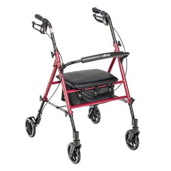 Drive Medical Adjustable Height Aluminum Frame Transport Rollator with 6 Inch Caster Wheels for Home, Hospital, or Nursing Facility, Red