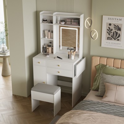 ELECWISH Small Vanity Table with Mirror, Chair and Storage Stool