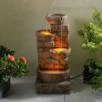 33.27" Brown Polyresin Cascading Bowls and Stacked Stones LED Fountain