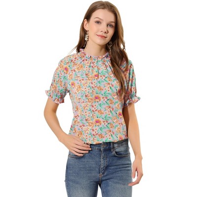 INSPIRE CHIC Women's Ruffled Short Sleeve Floral Mock Neck Summer Top