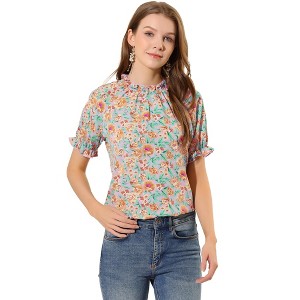 INSPIRE CHIC Women's Ruffled Short Sleeve Floral Mock Neck Summer Top - 1 of 4