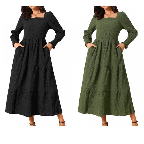 Женские платья INSPIRE CHIC Women's Fall Smocked Long Sleeve Square Neck Flowy Casual Maxi Tiered Dresses with Pockets Green Small 2 Packs Green/Black Small