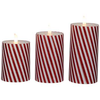 Northlight Set of 3 Flameless Glittered Candy Cane Stripes Flickering LED Christmas Wax Pillar Candles 6"