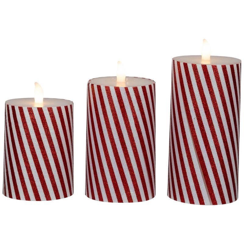 Northlight Set of 3 Flameless Glittered Candy Cane Stripes Flickering LED Christmas Wax Pillar Candles 6", 1 of 7