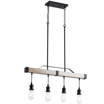 Farmhouse 4-Light Linear Pendant Light, Industrial Kitchen Island Chandelier with Wood and Black Metal