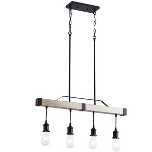 Farmhouse 4-Light Linear Pendant Light, Industrial Kitchen Island Chandelier with Wood and Black Metal - 1 of 4
