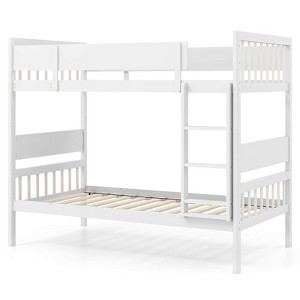 Costway Twin Over Twin Bunk Bed Solid Wood Bed Frame with Ladder Full-length Guardrails White/Natural - 1 of 4