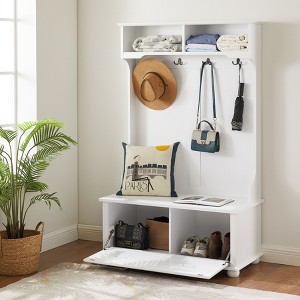 TiramisuBest Modern Classic Hall Tree with Shoe Rack Bench & Coat Hooks, Entryway Storage with Open Shelves, White - 1 of 4