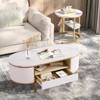 47" Modern Fluted Oval Coffee Table with Drawer and Open Shelf, Faux Marble Top & Gold Metal Legs, Curved Profile Center Table for Living Room, White - 4 of 4
