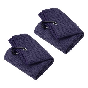 Unique Bargains Super Absorbent Waffle Pattern Tri-Fold Golf Towels with D Clips 2 Pcs - 1 of 4