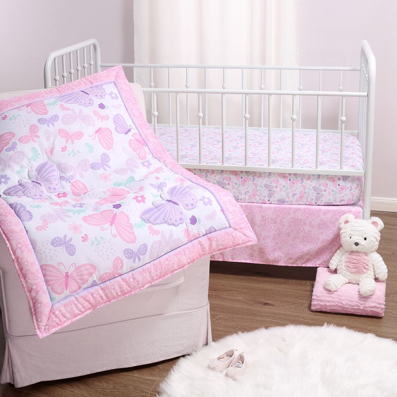 The Peanutshell Butterfly Song Crib Bedding Set for Baby Girls, 3-Piece Nursery Set in Pink|Purple, 1 of 8