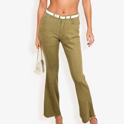 Anna-Kaci Women's High Waist Flare Jeans With Frayed Hem And Classic Fit- Small, Olive Green