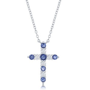 Bella Silver Sterling Silver Sapphire CZ 'September Birthstone' Cross Necklace - Blue - 16+2 Inch - 1 of 2