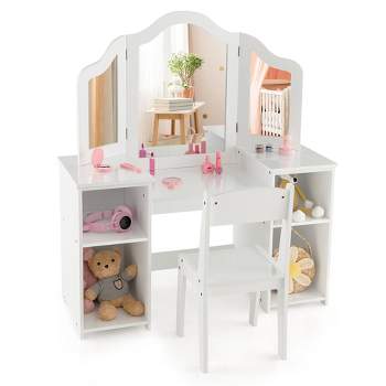 Tangkula Kids Vanity 2 in 1 Princess Makeup Desk & Chair Set Safe Tri-fold Mirror