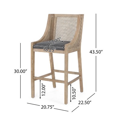 Charcoal and Natural Wood Cane Upholstered Barstools, Set of 2