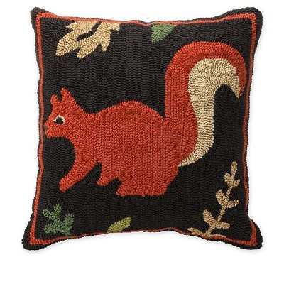 Indoor/Outdoor Woodland Hooked Pillow with Squirrel