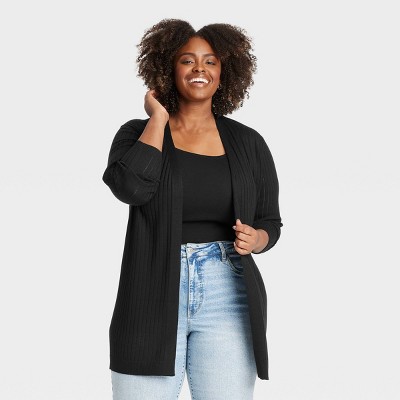 Women's Ribbed Cuff Open-Front Cardigan - Ava & Viv™ Black XXL