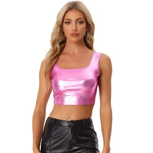 INSPIRE CHIC Women's U Neck Sleeveless Party Clubwear Shiny Metallic Crop Tank Tops - 1 of 4