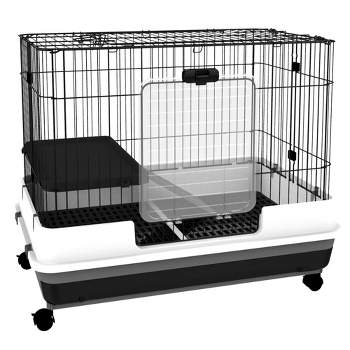 PawHut Wooden Hamster Cage, 2-Tier Small Animals Hutch, w/ Storage Shelf, Tray, Grey