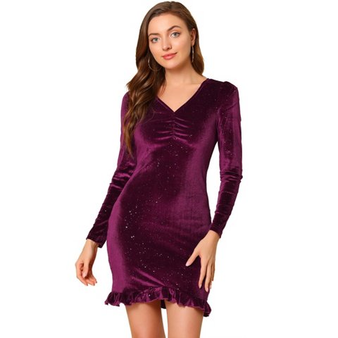 Женские платья INSPIRE CHIC Women's Sparkle Velvet Dresses V Neck Long Sleeve Ruffle Hem Dress Purple Small