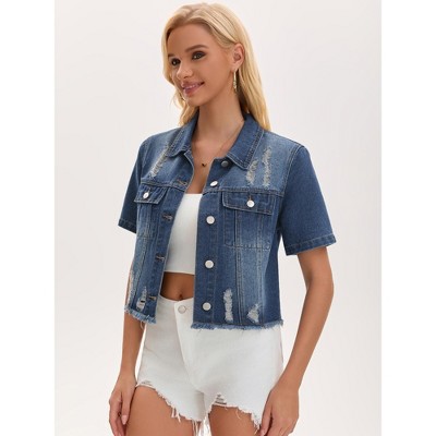 INSPIRE CHIC Women's Turndown Collar Short Sleeve Denim Button Up Ripped Frayed Cropped Jean Jacket XX-Large Blue — фото 2