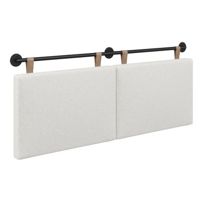 Queen Size White Boucle Upholstered Headboard with Leather Straps