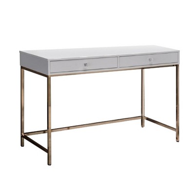 Royal Hampton 47 Inch Desk Console Table, 2 Drawers, Metal Frame, White, Gold