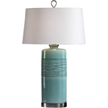 Uttermost Modern Table Lamp 32" Tall Distressed Teal Blue-Green Glaze Linen Fabric Oval Shade for Living Room Bedroom House Home