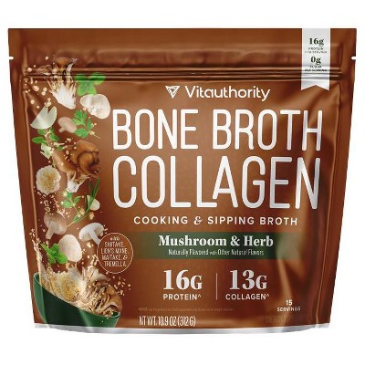 Bone Broth Collagen, Protein & Collagen Supplement for Joints, Skin, & Gut Health, Mushroom & Herb Flavor, Vitauthority, 15 Servings