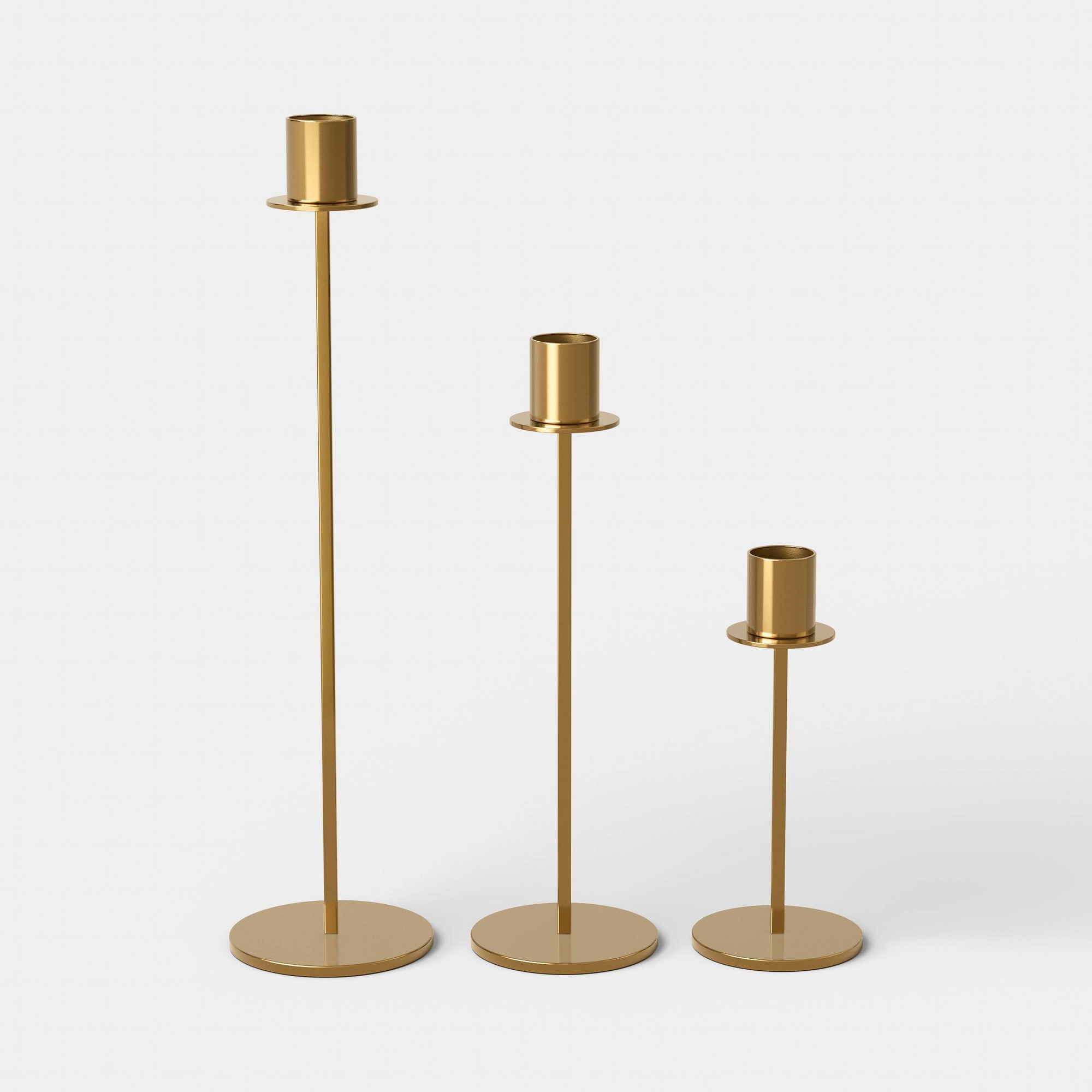 Set of 3 Minimal Gold Metal Taper Candle Holders - Threshold™