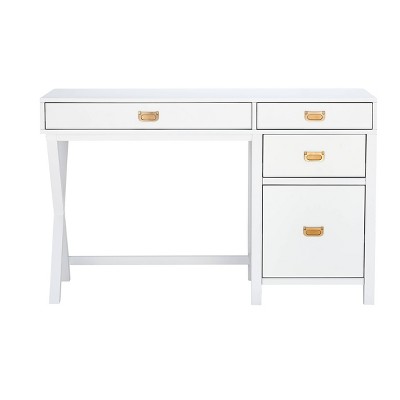 48" White Campaign Style Desk with Gold Hardware and Storage
