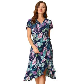 Allegra K Women's Tie Waist Beach Tropical Floral Printed Midi Wrap Dress