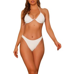 Elerevyo Women's Halter Underwire Ribbed Double Straps Tie Back Triangle Bottoms Swimwear Bikini Sets 2 Pcs - 1 of 4