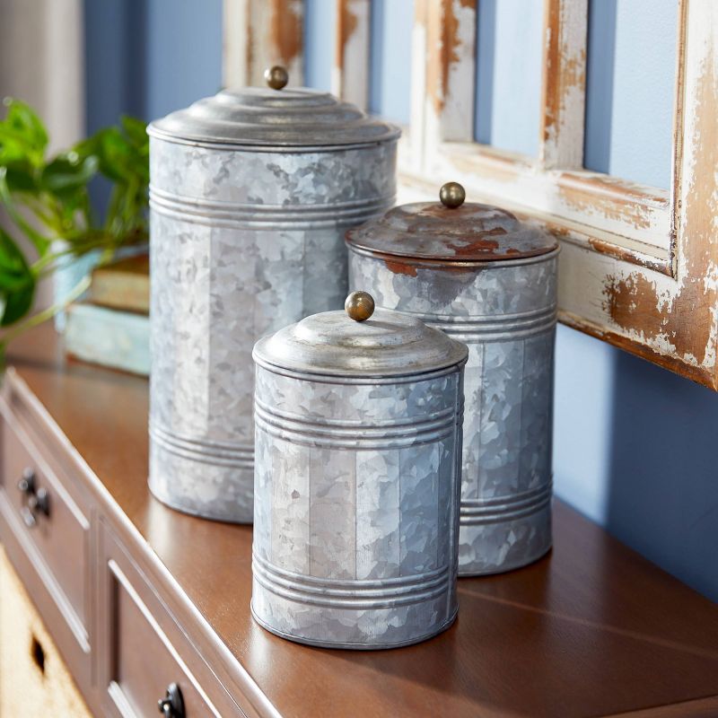 3pc Decorative Galvanized Metal Canister Set Silver - Olivia & May, 4 of 19