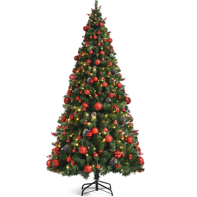 Costway 5ft\6ft\7ft Pre-lit Christmas Hinged Tree w/ Pine Cones Red Berries & Ornaments, 1 of 11