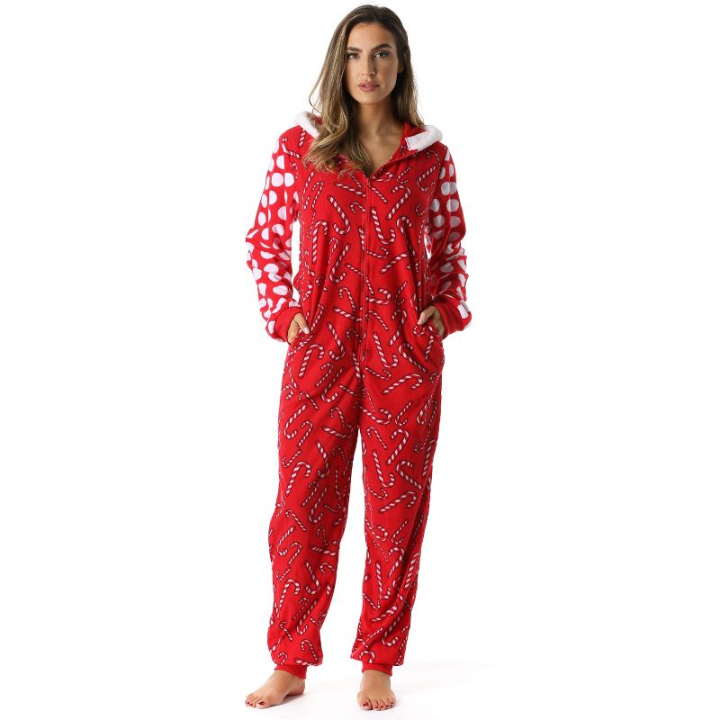 #followme Womens One Piece Christmas Themed Adult Onesie Microfleece Hoody Winter Pajamas, 2 of 5