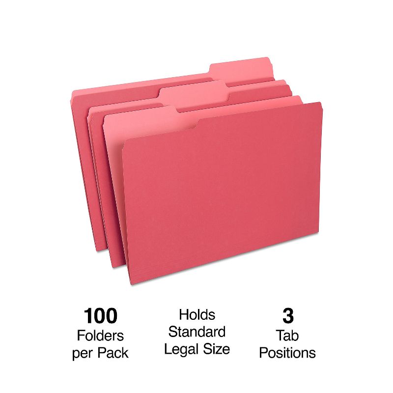 Staples Colored Top-Tab File Folders 3 Tab Red Legal Size 100/Pack 224550, 1 of 7