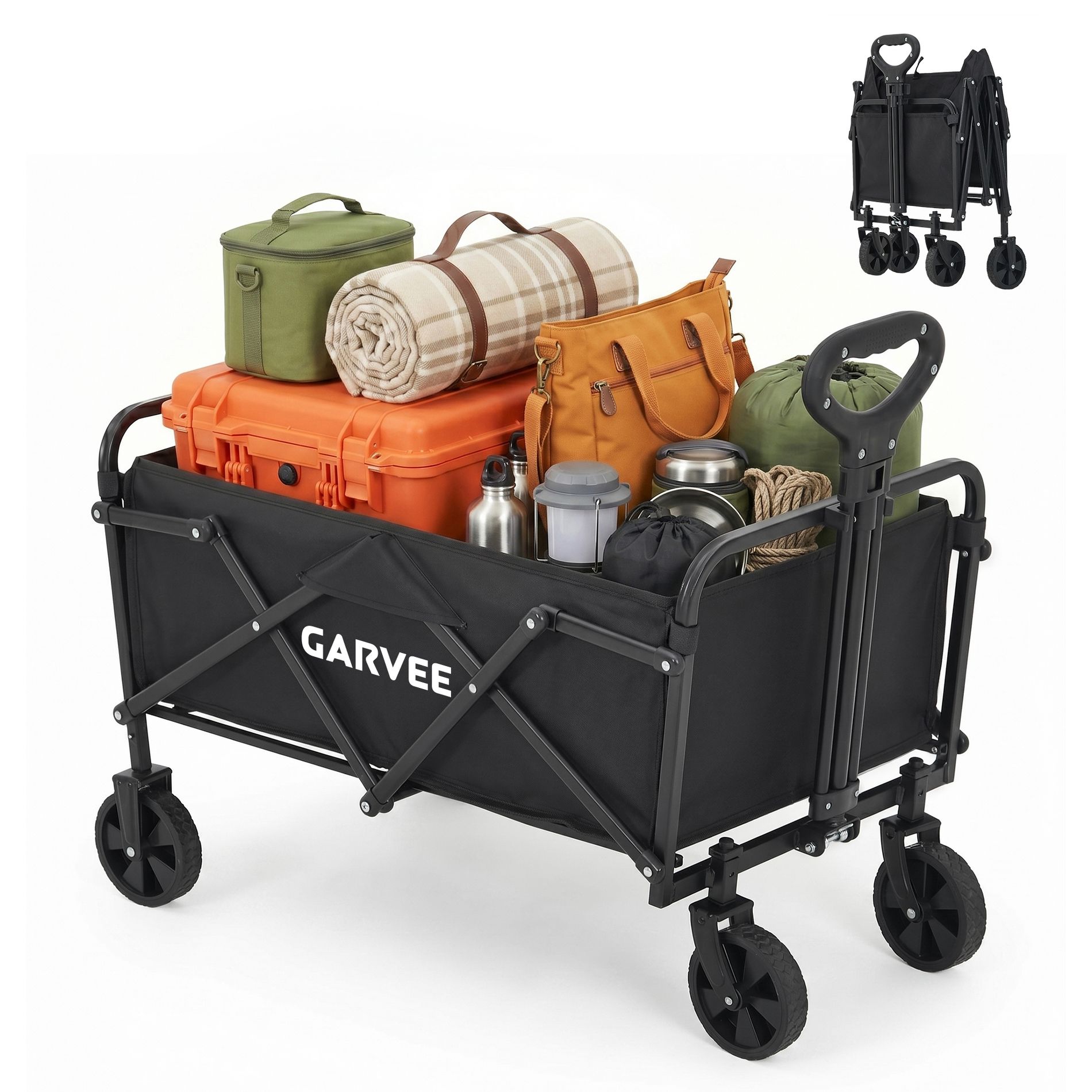 Collapsible Wagon Cart Max 220lb Load & Expandable Storage, Foldable Heavy Duty Garden Cart with Cup Holders for Groceries, Garden & Camping