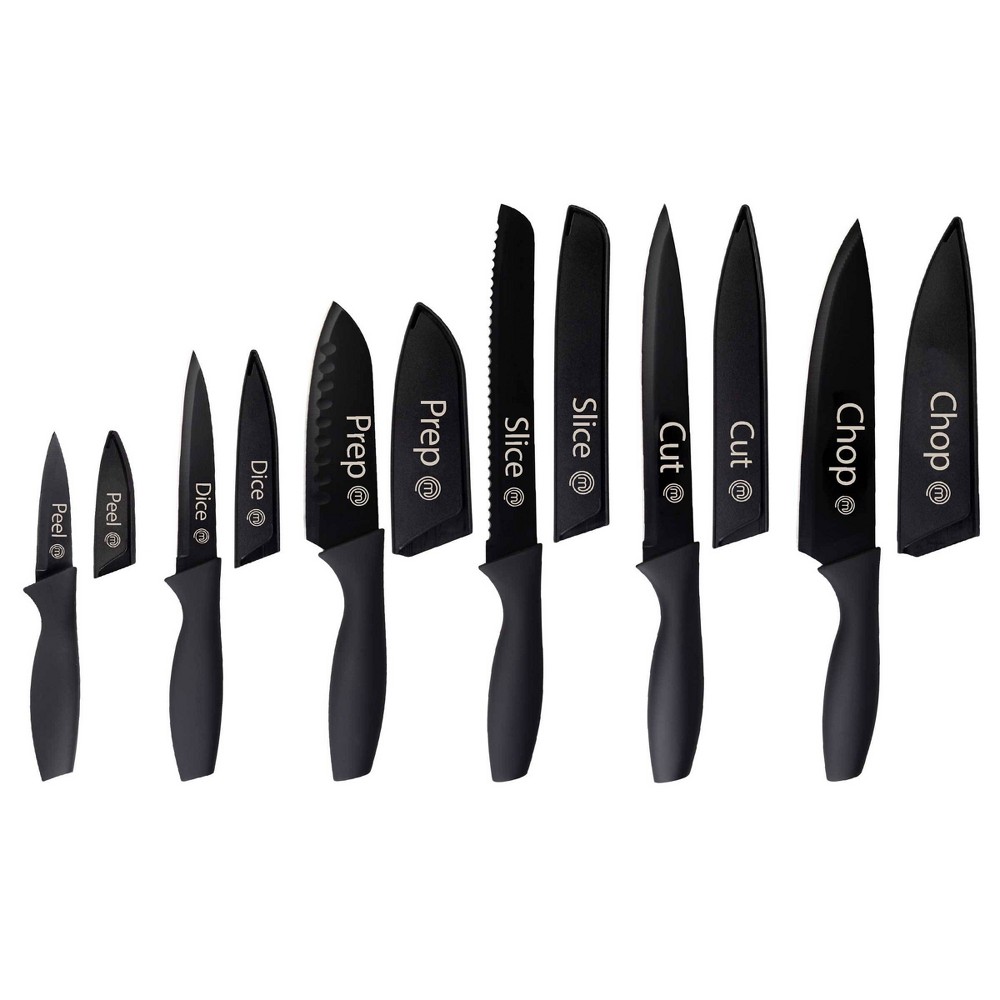 MasterChef 12pc Knife Set with Covers Sharp Nonstick Coated Knives Essential Black Collection