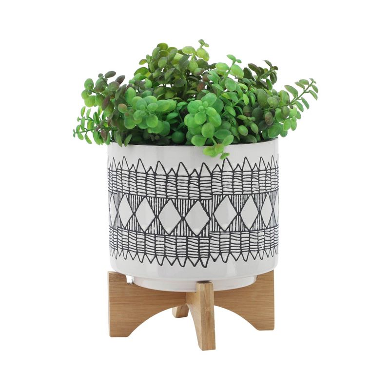 Set of 2 Geometric Ceramic Planters on Wooden Stand Gray - Sagebrook Home, 4 of 11