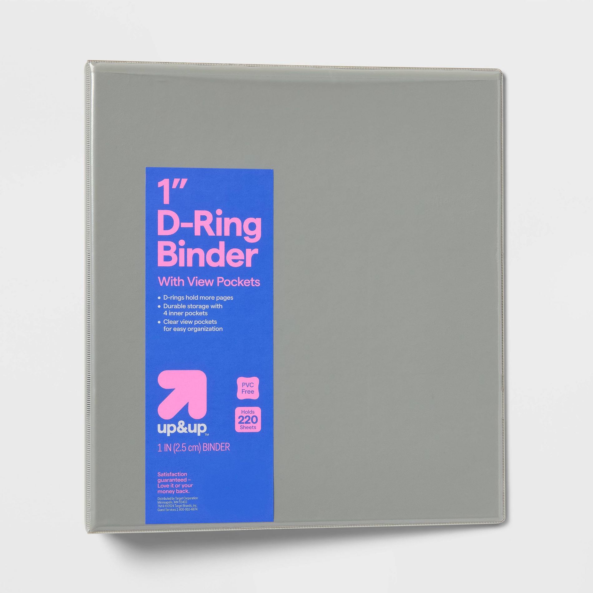 1" 3 Ring Binder Clear View Gray - up&up™: D Rings, 220 Sheet Capacity, Internal Pockets, Polypropylene