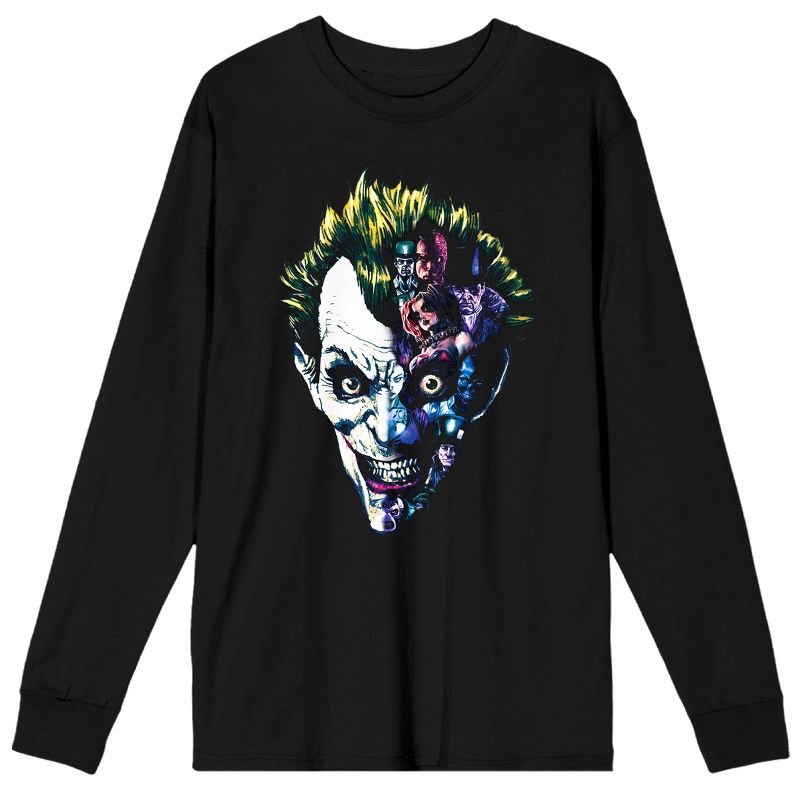 DC Comic Book Joker Face Men's Black Long Sleeve Graphic Tee Shirt, 1 of 2